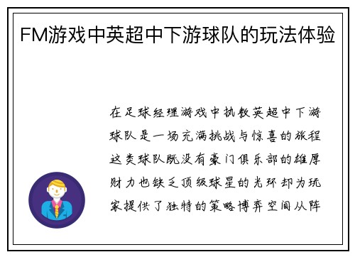 FM游戏中英超中下游球队的玩法体验